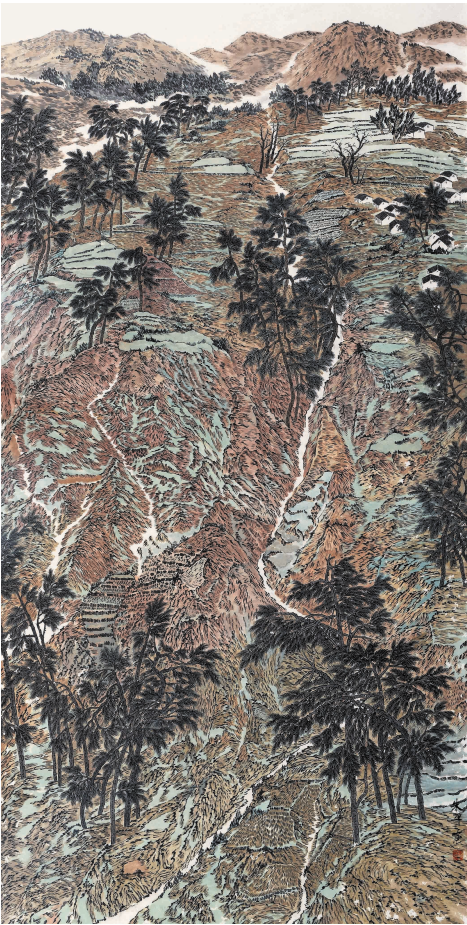 2、朱平 《红土地》 中国画 180cmx96cm 2018年